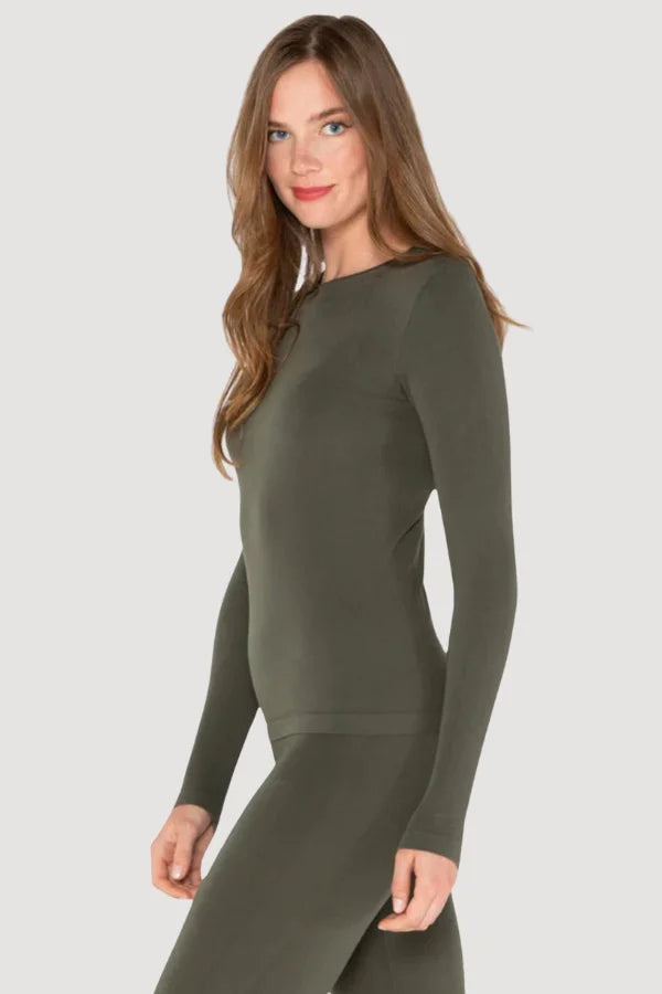 A C'est Moi Bamboo Long Sleeve Crew Neck Top in the colour olive