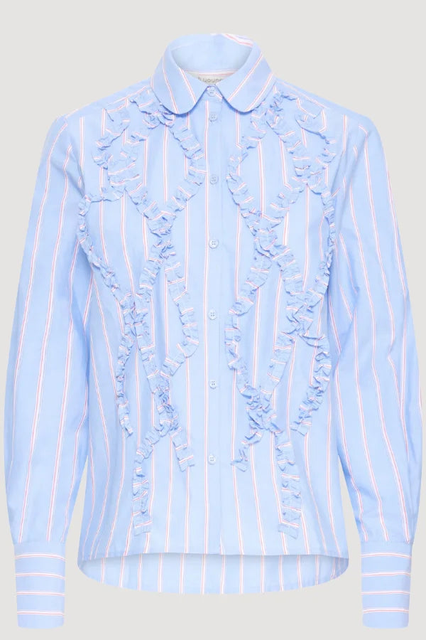 A close up of b.young Blue Frill Blouse