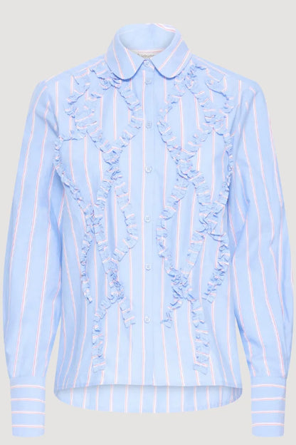 A close up of b.young Blue Frill Blouse