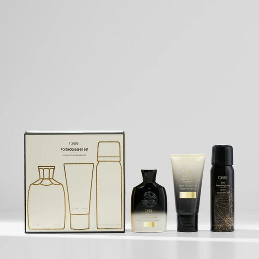 Oribe hair care product set, #oribeobsessed on a white background